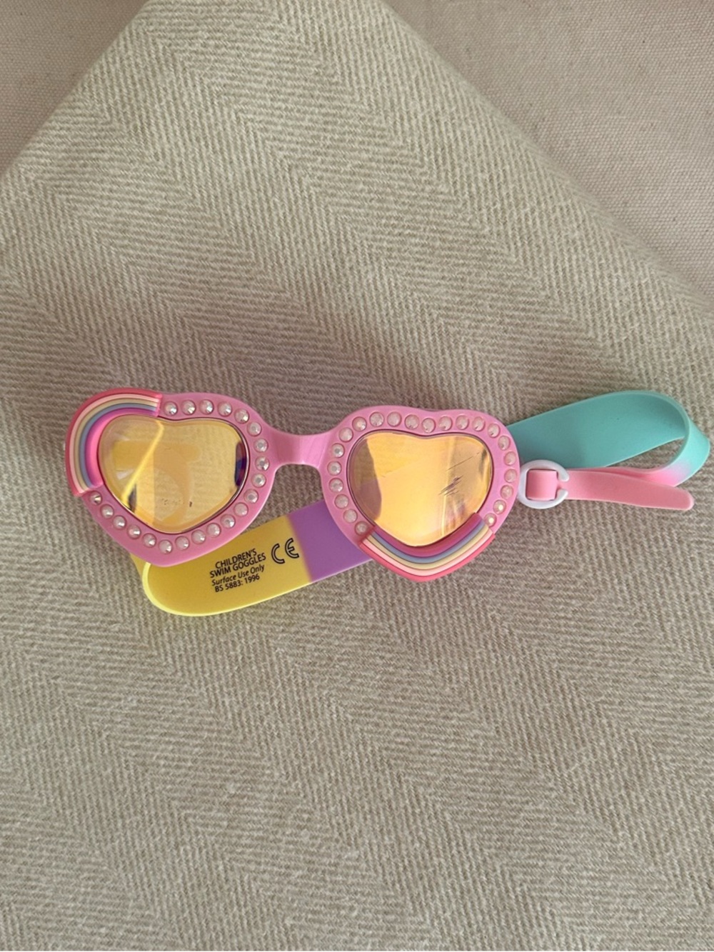 BLING 2o Kids Heart-Shaped Swim Goggles with rhinestones and rainbows